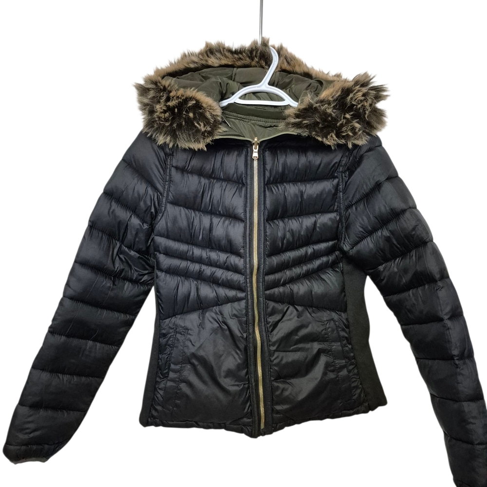 Reversible Puffer Light Jacket with Faux Fur Removable Hood